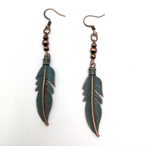 Patina Copper Feather Drop Earrings